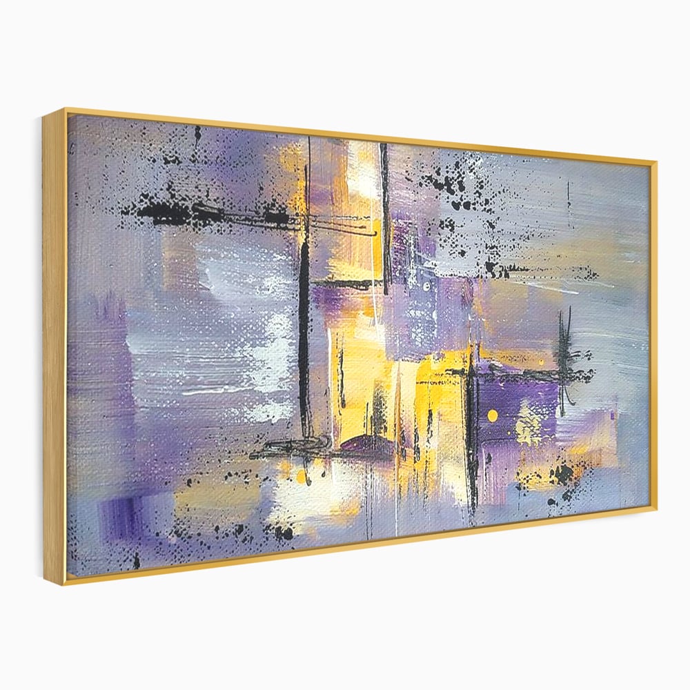 Tablou canvas cu pictura abstracta cu linii si pete, in rama de aluminiu auriu